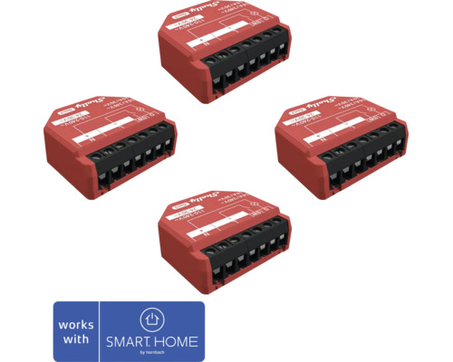 Vier rote Shelly Gen3 Unterputz-Schaltmodule mit Anschlussklemmen, kompatibel mit Smart Home by Hornbach.
