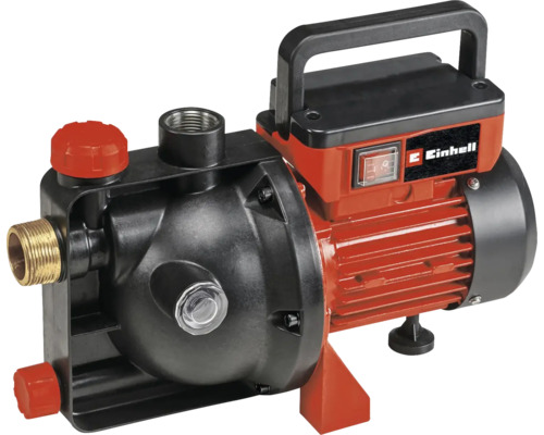 Einhell Gartenpumpe in Rot und Schwarz mit Tragegriff, Ein- und Ausschalter und Messinganschluss.