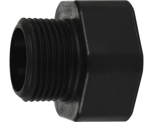 Adapter aus Kunststoff mit Außengewinde und Sechskantmuffe für Bewässerungssysteme.