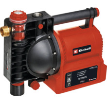 Einhell Hauswasserautomat mit rotem Gehäuse, Tragegriff, integriertem Vorfilter und Bedienfeld mit LED-Anzeigen.
