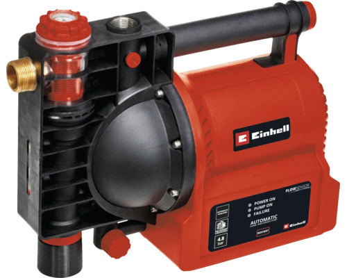 Einhell Hauswasserautomat mit rotem Gehäuse, Tragegriff, integriertem Vorfilter und Bedienfeld mit LED-Anzeigen.