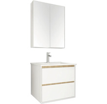 Weißes Badmöbel-Set bestehend aus einem Spiegelschrank, einem Waschbeckenunterschrank mit zwei Schubladen, Waschbecken und Armatur.