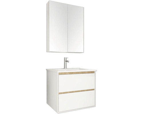Weißes Badmöbel-Set bestehend aus einem Spiegelschrank, einem Waschbeckenunterschrank mit zwei Schubladen, Waschbecken und Armatur.