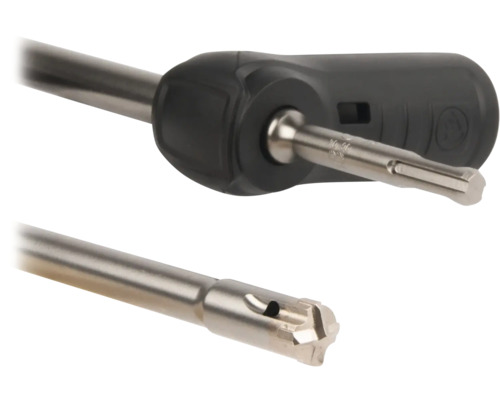 Detailansicht eines Handwerkzeugs mit ergonomischem Griff, Metallschaft und speziellem Steck- oder Verriegelungsmechanismus.