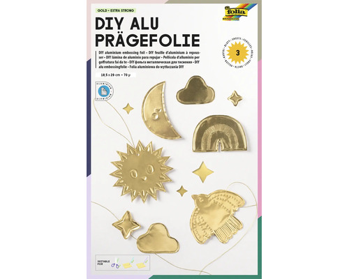 folia DIY Aluminium-Prägefolie extra stark, 18,5 mal 29 Zentimeter, 70 Mikrometer, 3 Blatt für Bastelarbeiten