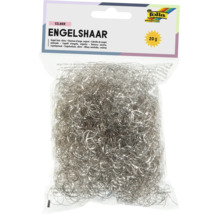 Engelshaar in Silber, 20 Gramm, von folia Bringmann in einer transparenten Verpackung für Weihnachtsdekoration.