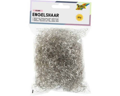 Engelshaar in Silber, 20 Gramm, von folia Bringmann in einer transparenten Verpackung für Weihnachtsdekoration.