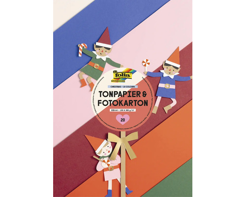 Folia Tonpapier und Fotokarton Weihnachten, 20 Blatt im Format A4, 130 und 300 Gramm pro Quadratmeter, mit Bastelbeispielen von Weihnachtselfen.