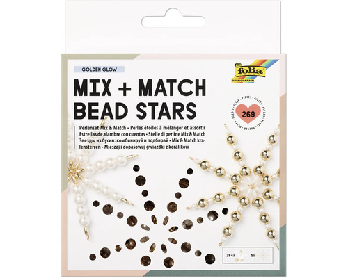 Folia Perlenschmuck-Bastelset Mix und Match Bead Stars Golden Glow mit 269 Teilen zur Gestaltung von dekorativen Sternen.