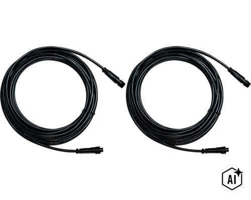 Zwei aufgerollte schwarze Elektrokabel mit Steckverbindungen für den Außenbereich (Image AI modified or generated)