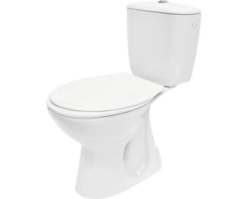 Stand-WC-Kombination aus weißer Keramik mit Spülkasten und geschlossenem WC-Sitz.