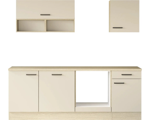 Moderne Küchenzeile mit Hängeschränken, Unterschränken und Nische für Elektrogeräte in hellem Holzdekor und Fronten.