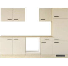 Moderne Einbauküche mit Hängeschränken, Unterschränken, Nische für Elektrogeräte und Arbeitsplatte in zeitlosem Design.