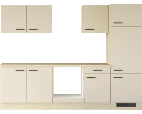 Moderne Einbauküche mit Hängeschränken, Unterschränken, Nische für Elektrogeräte und Arbeitsplatte in zeitlosem Design.