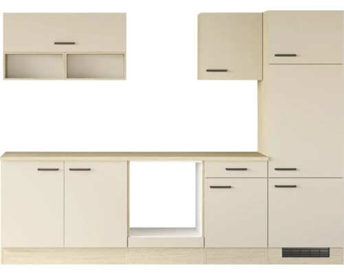 Moderne Einbauküchenzeile mit Oberschränken und Unterschränken inklusive Nische für Elektrogeräte in einem geradlinigen Design.