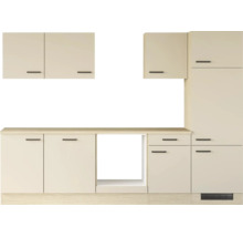 Moderne Küchenzeile mit Oberschränken, Unterschränken und Nische für Elektrogeräte in schlichtem Design.
