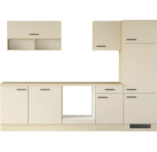 Moderne Einbauküche mit Hängeschränken, Unterschränken und Nische für Elektrogeräte in schlichter Ausführung.
