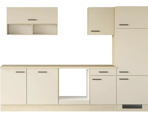 Moderne Einbauküche mit Hängeschränken, Unterschränken und Nische für Elektrogeräte in schlichter Ausführung.