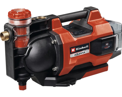 Einhell Akku-Gartenpumpe Aquinna mit Tragegriff und integriertem Vorfilter.