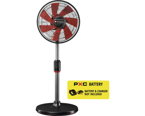 Einhell Akku-Standventilator mit höhenverstellbarem Teleskopstiel und rundem Standfuß. Akku und Ladegerät sind nicht im Lieferumfang enthalten.