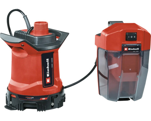 Einhell Akku-Klarwasserpumpe 18 Volt mit separater Akkubox und Verbindungskabel.