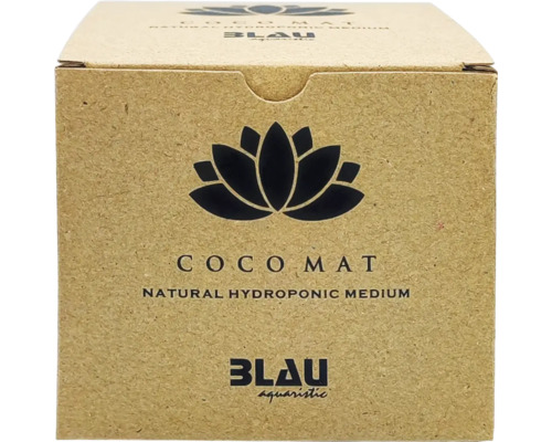Blau aquaristic Coco Mat natürliches Hydrokultur-Medium in einer Kartonverpackung mit Lotus-Logo.