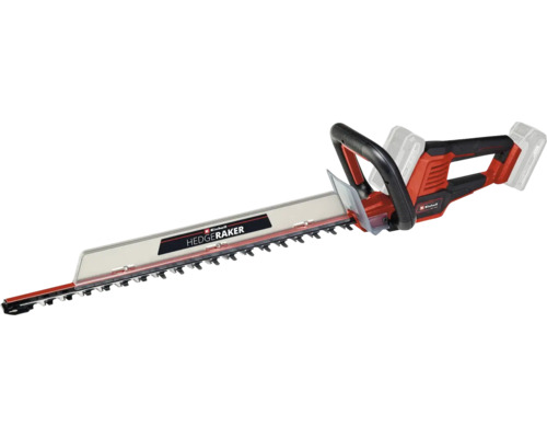 Einhell Akku-Heckenschere mit Hedgeraker-Aufsatz, ergonomischen Griffen und transparentem Schnittgutbehälter.