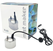 Blau Aquaristic Mist Maker Ultraschallvernebler aus Metall mit Anschlusskabel und Produktverpackung.
