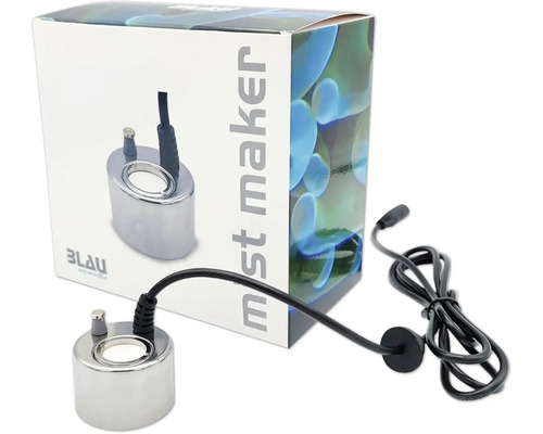 Blau Aquaristic Mist Maker Ultraschallvernebler aus Metall mit Anschlusskabel und Produktverpackung.