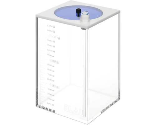 Transparenter Dosierbehälter aus Acryl mit Messskala bis 1700 Milliliter und Anschlüssen auf dem Deckel für Aquarien.