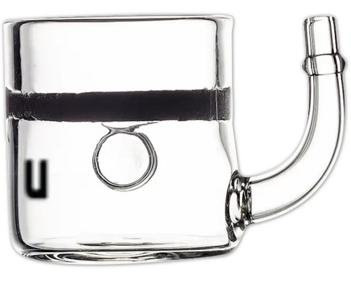 Transparenter Glasbehälter mit gebogenem seitlichem Rohr, einem dunklen Querstreifen und einer runden Glasöse in der Mitte.
