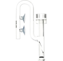 Transparenter Glas-Skimmer für Aquarien mit zwei Saugnäpfen zum Anschluss an den Filter.