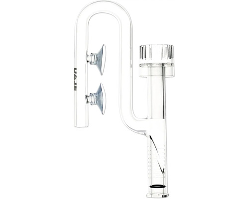 Transparenter Glas-Skimmer für Aquarien mit zwei Saugnäpfen zum Anschluss an den Filter.