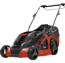 Einhell Akku-Rasenmäher in Rot und Schwarz mit Führungsholm und vier Rädern.