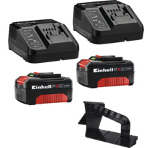 Einhell Power X-Change Starter-Kit mit zwei 4,0 Amperestunden Akkus, zwei Ladegeräten und einer Kunststoffhalterung.