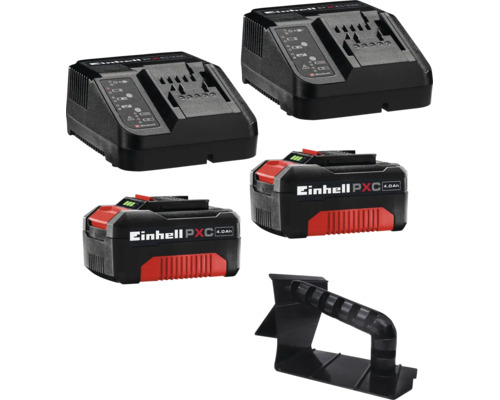 Einhell Power X-Change Starter-Kit mit zwei 4,0 Amperestunden Akkus, zwei Ladegeräten und einer Kunststoffhalterung.