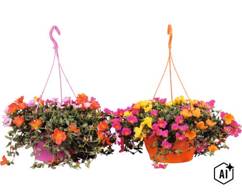 Zwei Hängeampeln mit blühenden Portulakröschen (Portulaca) in verschiedenen Farben. (Image AI modified or generated)