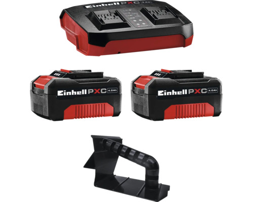 Einhell Power X-Change Starter Kit mit zwei 4.0 Amperestunden Akkus, einem Ladegerät und einem Wandhalter