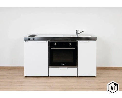 Stengel Miniküche mit Edelstahl-Arbeitsplatte, zwei Kochplatten, Spüle mit Armatur und integriertem Backofen. (Image AI modified or generated)