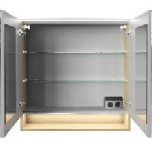 Spiegelschrank für das Badezimmer mit zwei Spiegeltüren, Glasfachböden und Steckdoseneinheit bei geöffneten Türen.