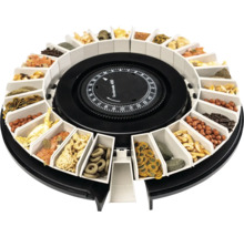 Rondomatic 400 Futterautomat für Aquarien mit kreisförmig angeordneten Futterfächern, gefüllt mit verschiedenen Futtersorten.