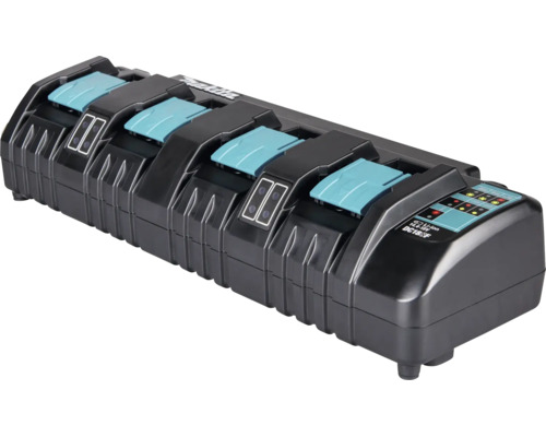 Makita Logo, Makita Vierfach Schnellladegerät für Lithium Ionen Akkus mit vier Ladeschächten.