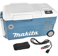 Makita Akku-Kühl- und Warmhaltebox mit integriertem Display, Rädern, Tragegurt und Anschlusskabel für den Zigarettenanzünder.