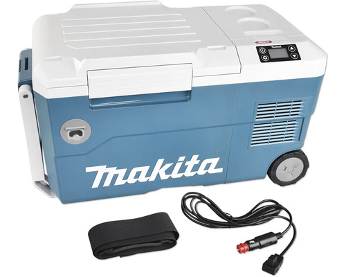 Makita Akku-Kühl- und Warmhaltebox mit integriertem Display, Rädern, Tragegurt und Anschlusskabel für den Zigarettenanzünder.