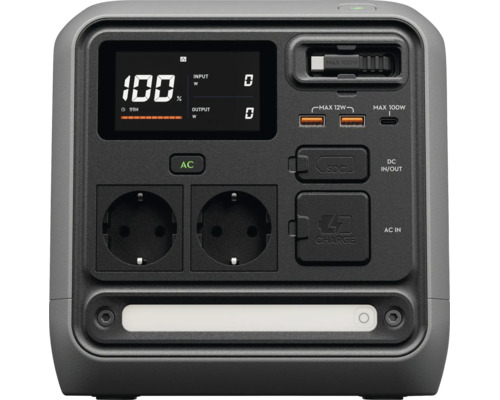 Tragbare Powerstation mit digitalem Display, Steckdosen, USB Anschlüssen und integrierter Lampe