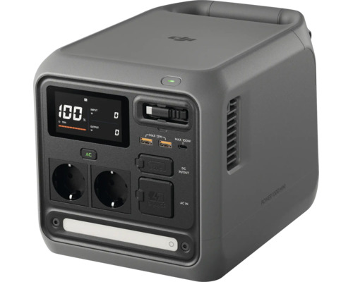 Tragbare Powerstation mit Display, Steckdosen und USB Anschlüssen.