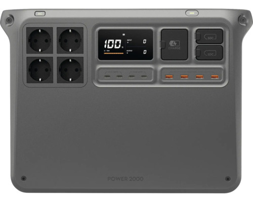 Powerstation Power 2000 mit verschiedenen Steckdosen, USB-Anschlüssen und digitalem Display.