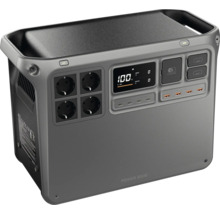 Tragbare Powerstation mit Display und zahlreichen Anschlüssen wie Steckdosen und USB-Ports für die mobile Stromversorgung