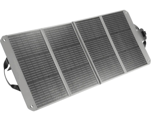 Faltbares Solarmodul mit vier Segmenten und integrierten Ösen zur mobilen Stromerzeugung.