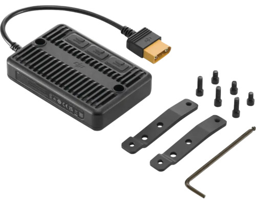 DJI Logo Ladeadapter mit Befestigungsmaterial, zwei Montageplatten, Schrauben und Innensechskantschlüssel